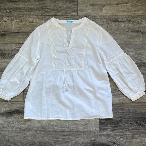J. McLaughlin | Linen Cotton Blend Popover Balloon Sleeve Resort Blouse Small - Picture 1 of 9